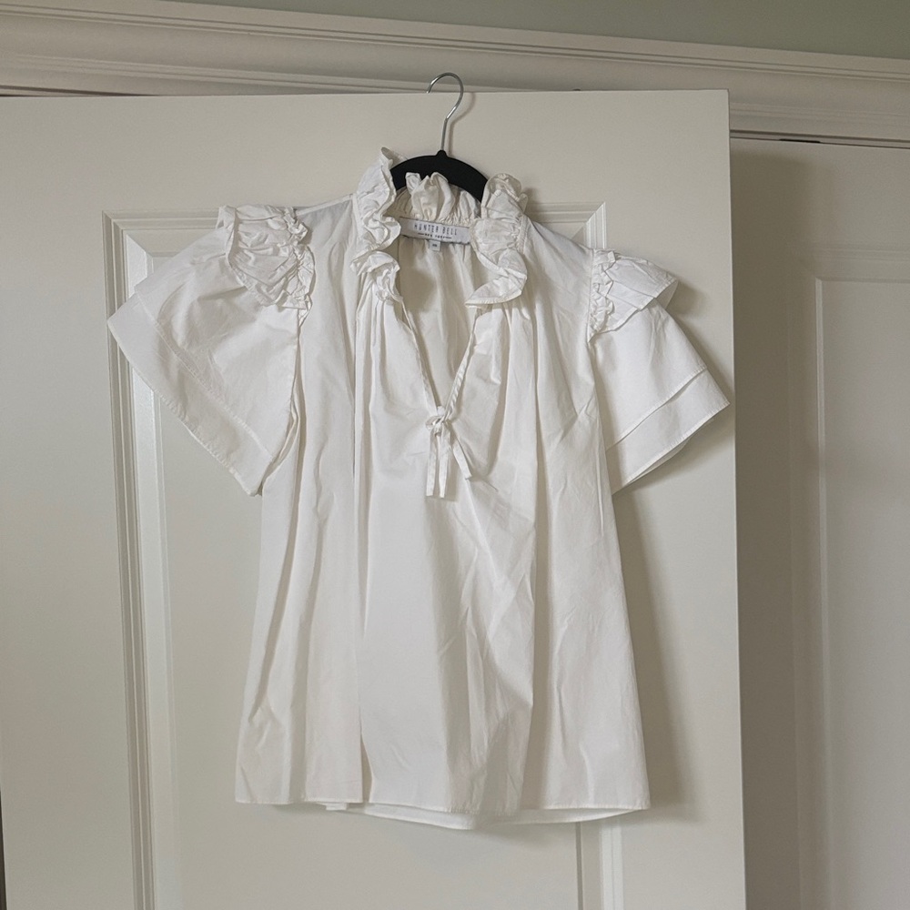 HUNTER BELL White Ruffled Tie-Neck Blouse